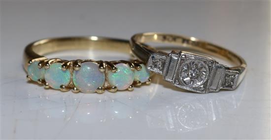 9ct gold and platinum diamond 3 stone ring and a 9ct gold and five stone opal ring